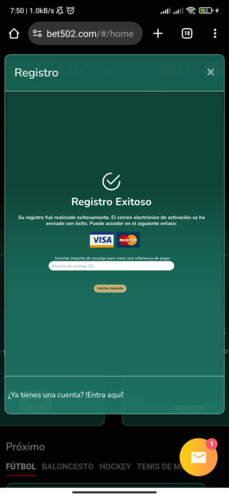 registro exitoso casino online